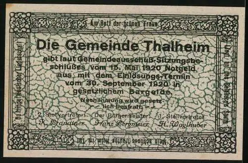 Notgeld Thalheim bei Wels 1920, 50 Heller, Kirche und Landschaftsmotive