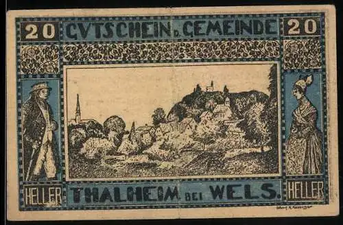 Notgeld Thalheim bei Wels 1920, 20 Heller, Dorflandschaft und traditionelle Tracht