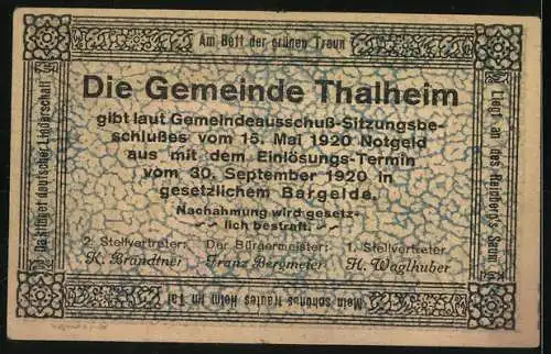 Notgeld Thalheim bei Wels 1920, 20 Heller, Dorflandschaft und traditionelle Tracht