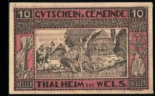 Notgeld Thalheim bei Wels 1920, 10 Heller, ländliche Szene mit Fachwerkhäusern