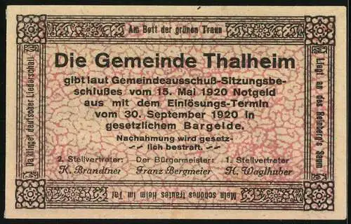 Notgeld Thalheim bei Wels 1920, 10 Heller, ländliche Szene mit Fachwerkhäusern