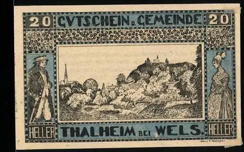 Notgeld Thalheim bei Wels 1920, 20 Heller, Dorflandschaft mit Figuren, Text zur Einlösung und Strafen