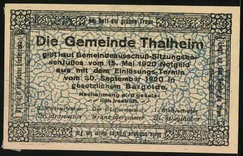 Notgeld Thalheim bei Wels 1920, 20 Heller, Dorflandschaft mit Figuren, Text zur Einlösung und Strafen