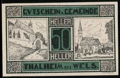 Notgeld Thalheim bei Wels 1920, 50 Heller, Kirchenansichten und Textfeld