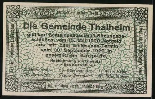 Notgeld Thalheim bei Wels 1920, 50 Heller, Kirchenansichten und Textfeld