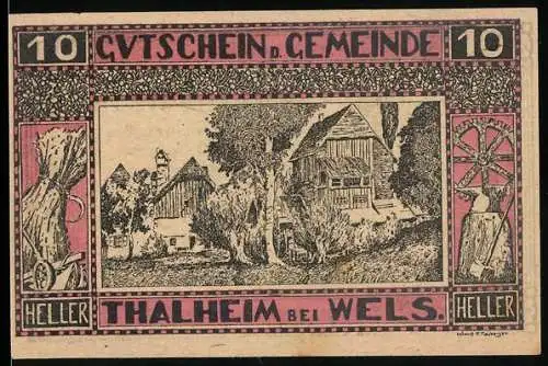 Notgeld Thalheim bei Wels 1920, 10 Heller, ländliche Szenerie mit Gebäuden und Bäumen