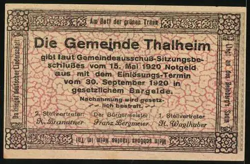 Notgeld Thalheim bei Wels 1920, 10 Heller, ländliche Szenerie mit Gebäuden und Bäumen