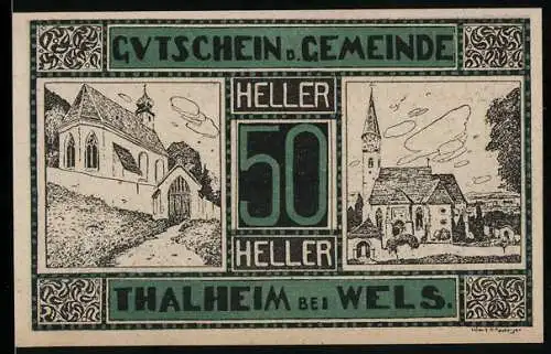 Notgeld Thalheim bei Wels 1920, 50 Heller, Kirchenmotive und dekorative Umrandung