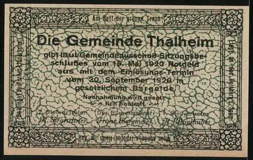 Notgeld Thalheim bei Wels 1920, 50 Heller, Kirchenmotive und dekorative Umrandung