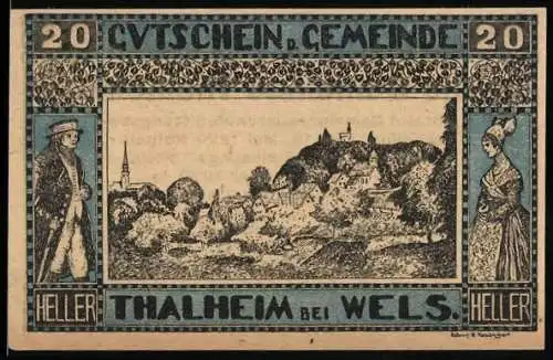 Notgeld Thalheim bei Wels 1920, 20 Heller, Dorfszene mit Figuren und Ornamenten