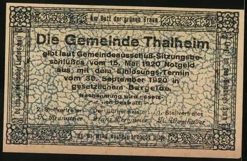 Notgeld Thalheim bei Wels 1920, 20 Heller, Dorfszene mit Figuren und Ornamenten