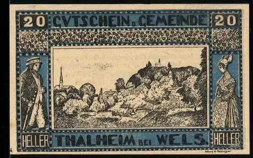 Notgeld Thalheim bei Wels 1920, 20 Heller, Dorflandschaft und traditionelle Figuren