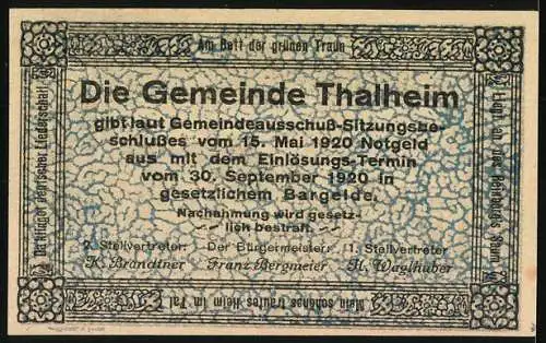 Notgeld Thalheim bei Wels 1920, 20 Heller, Dorflandschaft und traditionelle Figuren