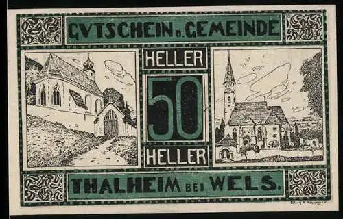 Notgeld Thalheim bei Wels 1920, 50 Heller, Kirchenansichten und dekorativer Randmustertext