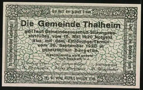 Notgeld Thalheim bei Wels 1920, 50 Heller, Kirchenansichten und dekorativer Randmustertext