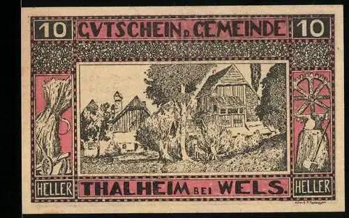 Notgeld Thalheim bei Wels 1920, 10 Heller, ländliche Szene mit Fachwerkhäusern und Bäumen