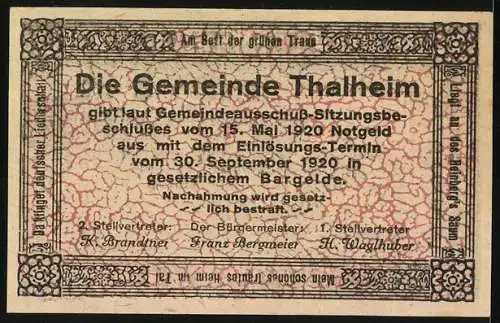 Notgeld Thalheim bei Wels 1920, 10 Heller, ländliche Szene mit Fachwerkhäusern und Bäumen