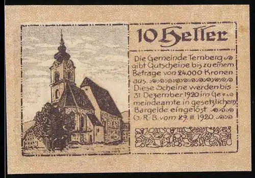 Notgeld Ternberg 1920, 10 Heller, Kirche und dekorative Schriftzüge