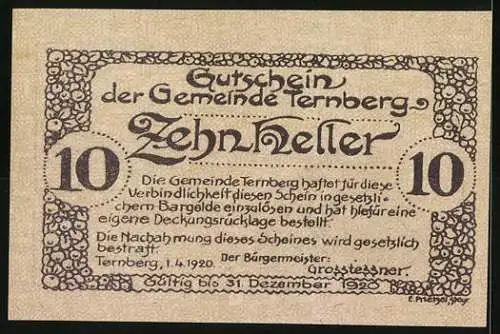 Notgeld Ternberg 1920, 10 Heller, Kirche und dekorative Schriftzüge