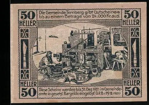 Notgeld Ternberg 1920, 50 Heller, Hammerschmiede und Landschaftsansicht