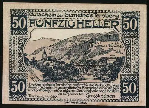 Notgeld Ternberg 1920, 50 Heller, Hammerschmiede und Landschaftsansicht