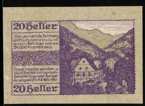 Notgeld Ternberg 1920, 20 Heller, Landschaft mit Gebäuden und Textdekor