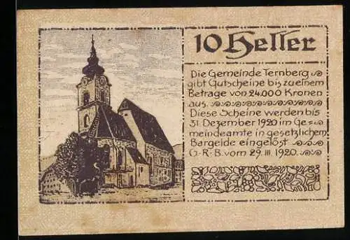 Notgeld Ternberg 1920, 10 Heller, Kirche und dekorative Umrandung