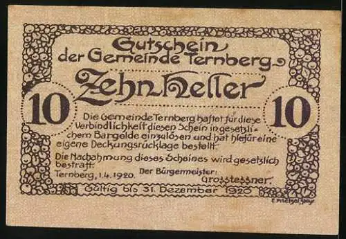 Notgeld Ternberg 1920, 10 Heller, Kirche und dekorative Umrandung