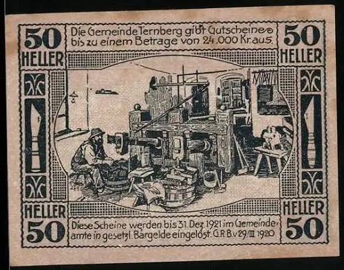 Notgeld Ternberg 1920, 50 Heller, Schmiede und Landschaftsansicht