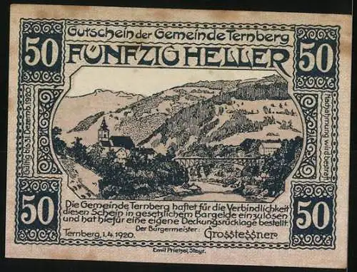 Notgeld Ternberg 1920, 50 Heller, Schmiede und Landschaftsansicht