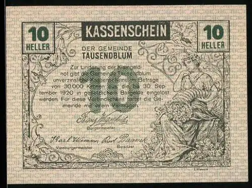 Notgeld Tausendblum 1920, 10 Heller, Allegorie der Arbeit und Pflügender Bauer mit Pferd