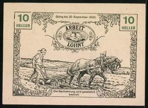 Notgeld Tausendblum 1920, 10 Heller, Allegorie der Arbeit und Pflügender Bauer mit Pferd