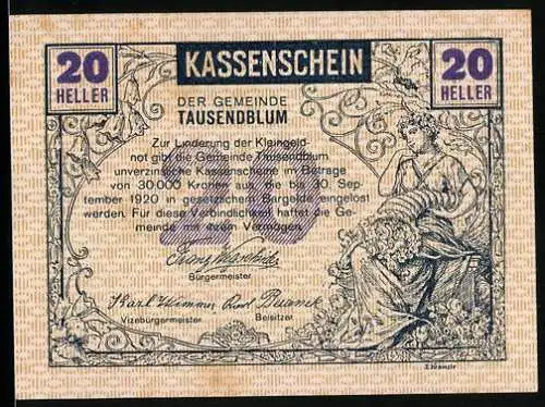 Notgeld Tausendblum 1920, 20 Heller, Allegorie der Ernte und Pflügender Bauer mit Pferd