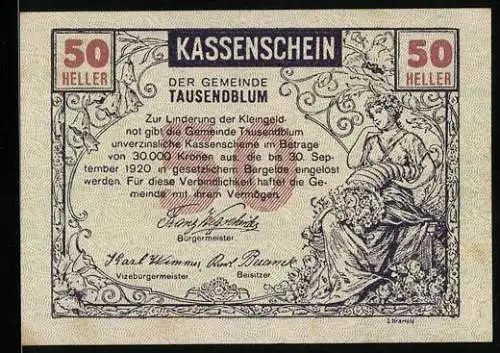 Notgeld Tausendblum 1920, 50 Heller, Frau mit Füllhorn und Pflügender Bauer mit Pferd