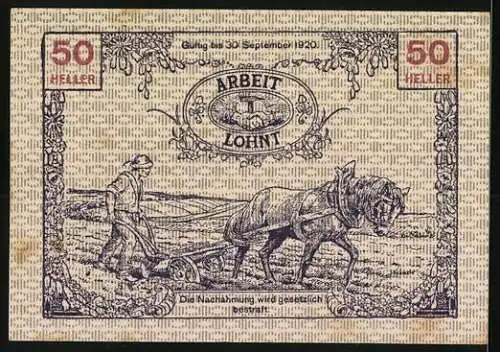 Notgeld Tausendblum 1920, 50 Heller, Frau mit Füllhorn und Pflügender Bauer mit Pferd