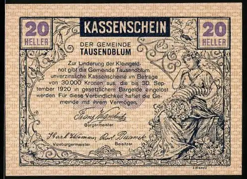 Notgeld Tausendblum 1920, 20 Heller, Frau mit Blumenkorb und Pflug mit Pferd