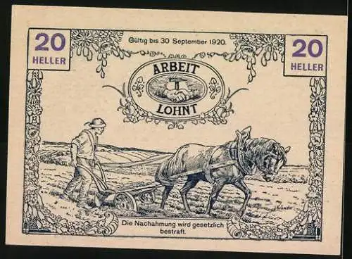 Notgeld Tausendblum 1920, 20 Heller, Frau mit Blumenkorb und Pflug mit Pferd