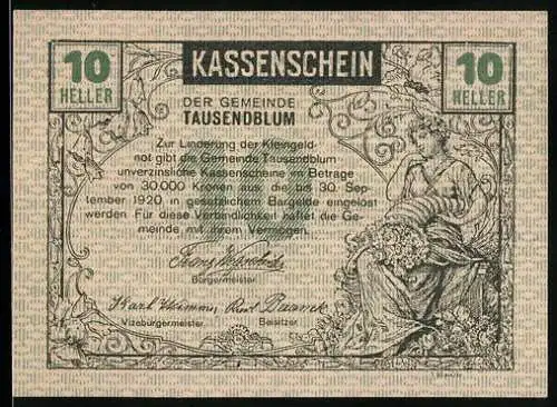 Notgeld Tausendblum 1920, 10 Heller, Frau mit Blumenkorb, Pflügender Bauer mit Pferd