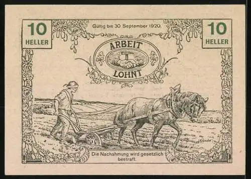 Notgeld Tausendblum 1920, 10 Heller, Frau mit Blumenkorb, Pflügender Bauer mit Pferd