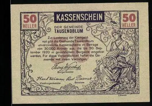 Notgeld Tausendblum 1920, 50 Heller, Frau mit Füllhorn und Pflug mit Pferd, Arbeit lohnt