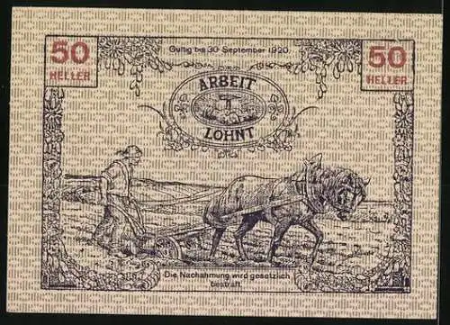 Notgeld Tausendblum 1920, 50 Heller, Frau mit Füllhorn und Pflug mit Pferd, Arbeit lohnt