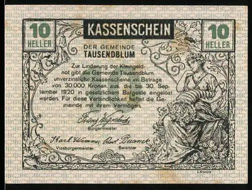 Notgeld Tausendblum 1920, 10 Heller, Frau mit Blumenkorb und Bauer mit Pferdepflug, Arbeit lohnt