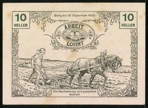 Notgeld Tausendblum 1920, 10 Heller, Frau mit Blumenkorb und Bauer mit Pferdepflug, Arbeit lohnt