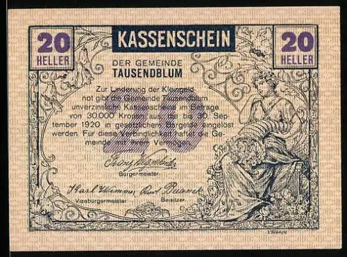 Notgeld Tausendblum 1920, 20 Heller, Frau mit Blumen, Pflügender Bauer mit Pferd