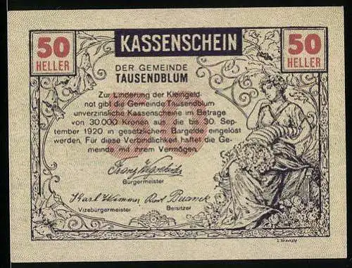 Notgeld Tausendblum 1920, 50 Heller, Frau mit Blumen und Bauer mit Pferd beim Pflügen