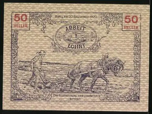 Notgeld Tausendblum 1920, 50 Heller, Frau mit Blumen und Bauer mit Pferd beim Pflügen