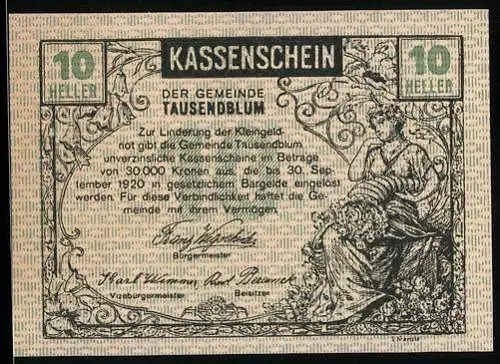 Notgeld Tausendblum 1920, 10 Heller, Göttin mit Füllhorn und Bauer mit Pferd pflügend