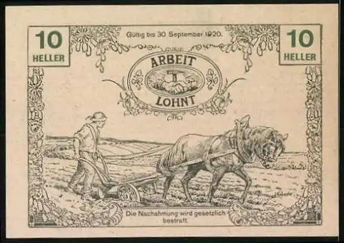 Notgeld Tausendblum 1920, 10 Heller, Göttin mit Füllhorn und Bauer mit Pferd pflügend