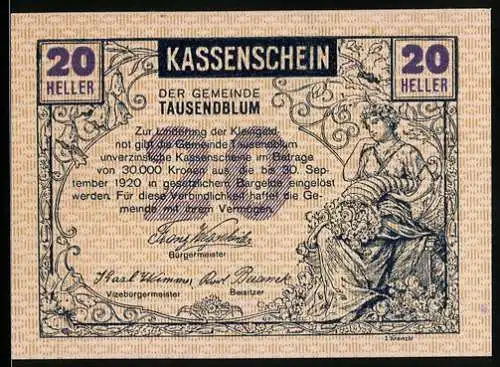 Notgeld Tausendblum 1920, 20 Heller, Frau mit Füllhorn, Bauer mit Pferdegespann