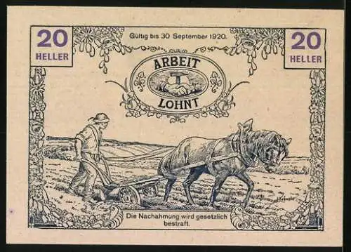 Notgeld Tausendblum 1920, 20 Heller, Frau mit Füllhorn, Bauer mit Pferdegespann